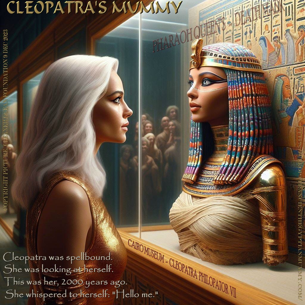 The reincarnated Cleopatra was drawn to her exhibit in the Cairo Museum. She was spellbound seeing herself 2,000 years ago. She whispered to herself: "Hello me."