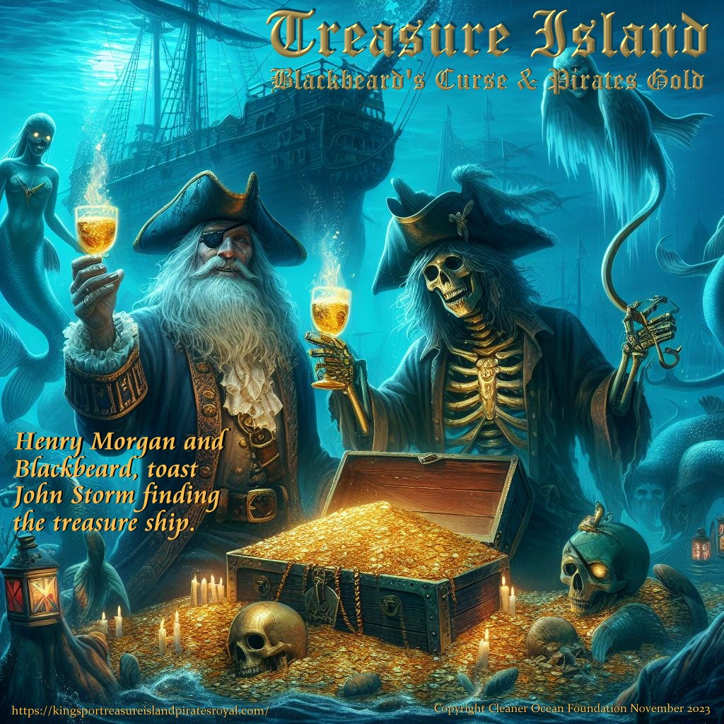 The pirates, Captain Henry Morgan and Blackbeard, share a ghostly toast down in Davey Jones locker, when John Storm discovers the gold laden treasure ship.