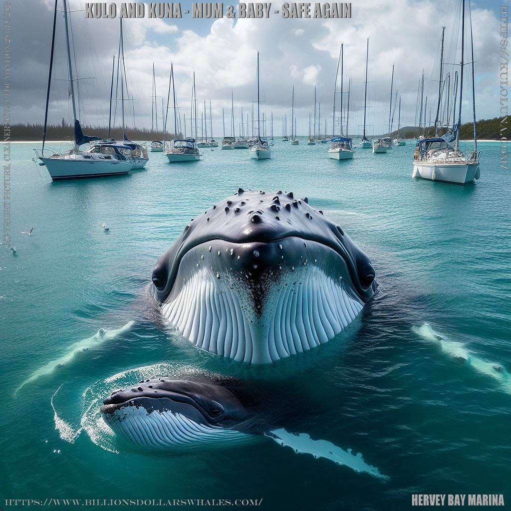 Kulo-Luna and Kuna, mother and baby humpback whales, safe at last in Hervey Bay Marina, Fraser Coast, Queensland, Australia