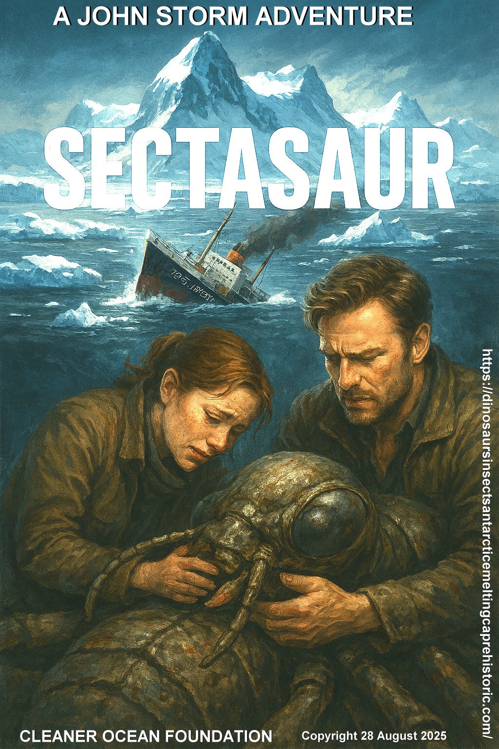 Charley Temple and John Storm with the Sectasaur, giant prehistoric insect